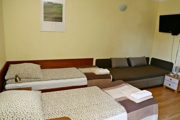 Pokój z podwójnym łóżkiem, kanapą z brązowym pokrowcem, obrazem łąki, telewizorem i złożonymi ręcznikami na łóżkach.